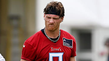 Tennessee Titans quarterback’s Brandon Allen (10) and Will Levis (8) wait to run their next drill during an NFL football minicamp camp practice at Ascension Saint Thomas Sports Park Thursday, June 12, 2025, in Nashville, Tenn.