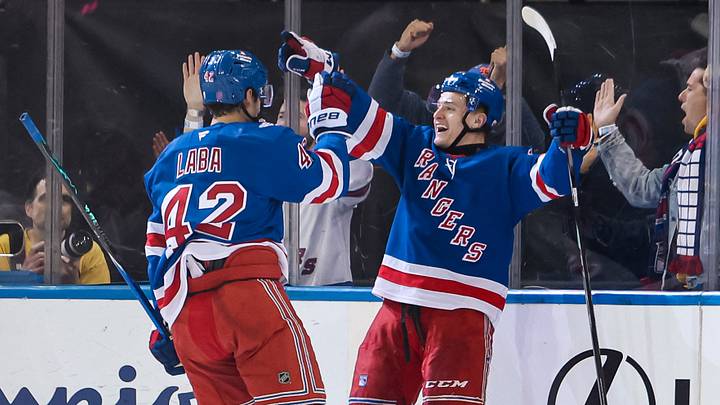 Apr 5, 2026; New York, New York, USA; New York Rangers left wing Adam Sykora (38) celebrates his goal with center Noah Laba (42) during the second period against the Washington Capitals at Madison Square Garden. Mandatory Credit: Danny Wild-Imagn Images Apr 5, 2026; New York, New York, USA; New York Rangers left wing Adam Sykora (38) celebrates his goal with center Noah Laba (42) during the second period against the Washington Capitals at Madison Square Garden. Mandatory Credit: Danny Wild-Imagn Images