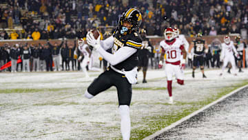 Nov 30, 2024; Columbia, Missouri, USA; Missouri Tigers wide receiver Luther Burden III (3) catches a pass for a two point conversion against the Arkansas Razorbacks during the second half at Faurot Field at Memorial Stadium. 