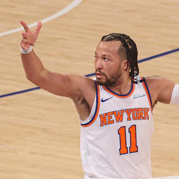 May 29, 2025; New York, New York, USA; New York Knicks guard Jalen Brunson (11) celebrates a three point basket against the Indiana Pacers in game five of the eastern conference finals of the 2025 NBA Playoffs at Madison Square Garden. Mandatory Credit: Vincent Carchietta-Imagn Images