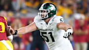 Michigan State center Matt Gulbin gets ready to throw a block during the Spartans' game against the USC Trojans on Sept. 20, 2025.