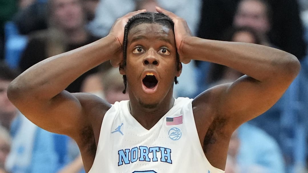 Jan 21, 2026; Chapel Hill, North Carolina, USA; North Carolina Tar Heels forward Caleb Wilson (8) reacts in the second half at Dean E. Smith Center. Mandatory Credit: Bob Donnan-Imagn Images