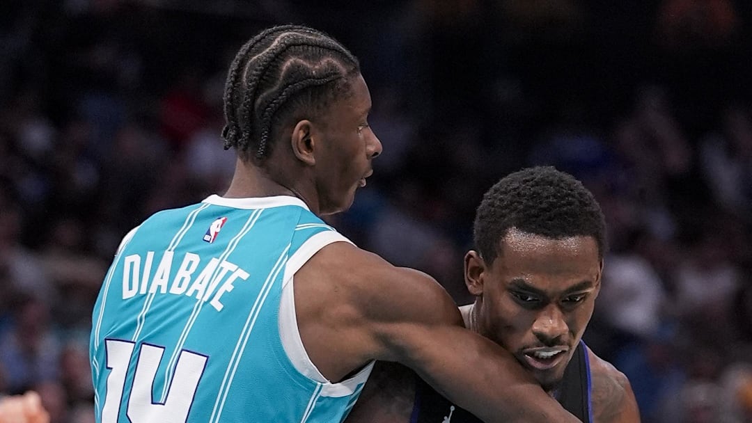 Detroit Pistons center Jalen Duren goes to the basket against Charlotte Hornets forward Moussa Diabaté.