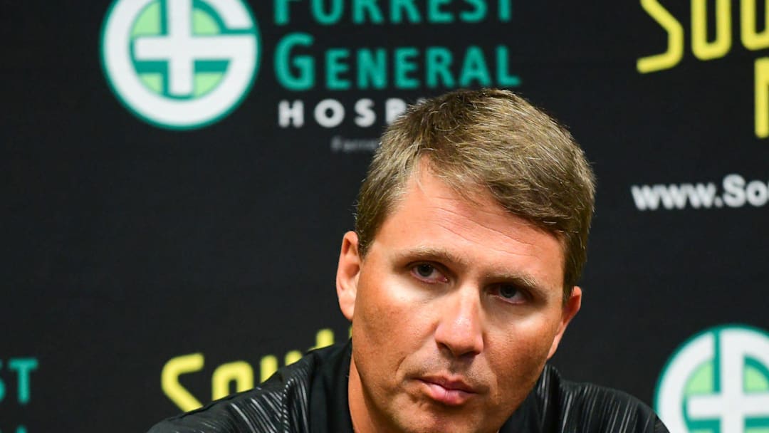 Southern Miss Offensive Coordinator Buster Faulkner answers questions during a press conference Aug. 26, 2019.

Buster Faulkner