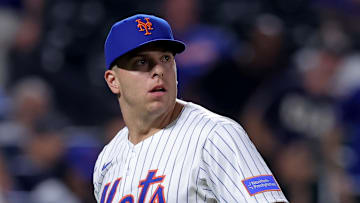 Aug 4, 2025; New York City, New York, USA; New York Mets relief pitcher Ryan Helsley (56) reacts after the top of the tenth inning against the Cleveland Guardians at Citi Field. Mandatory Credit: Brad Penner-Imagn Images