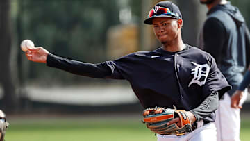Infielder Sergio Alcantara practices during Detroit Tigers spring training at TigerTown in Lakeland, Fla., Wednesday, Feb. 19, 2020.