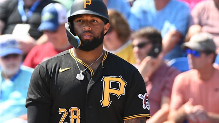 Mar 2, 2023; Dunedin, Florida, USA; Pittsburgh Pirates left fielder Canaan Smith-Njigba (28)