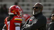 Oct 11, 2025; College Park, Maryland, USA;  Maryland Terrapins head coach Mike Locksley on the field before the game against the Nebraska Cornhuskers at SECU Stadium. Mandatory Credit: Tommy Gilligan-Imagn Images