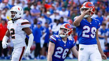Florida Gators place kicker Trey Smack (29) watches his field goal go through the uprights during the season opener at Ben Hill Griffin Stadium in Gainesville, FL on Saturday, August 31, 2024 against the University of Miami Hurricanes in the first half. [Doug Engle/Gainesville Sun]