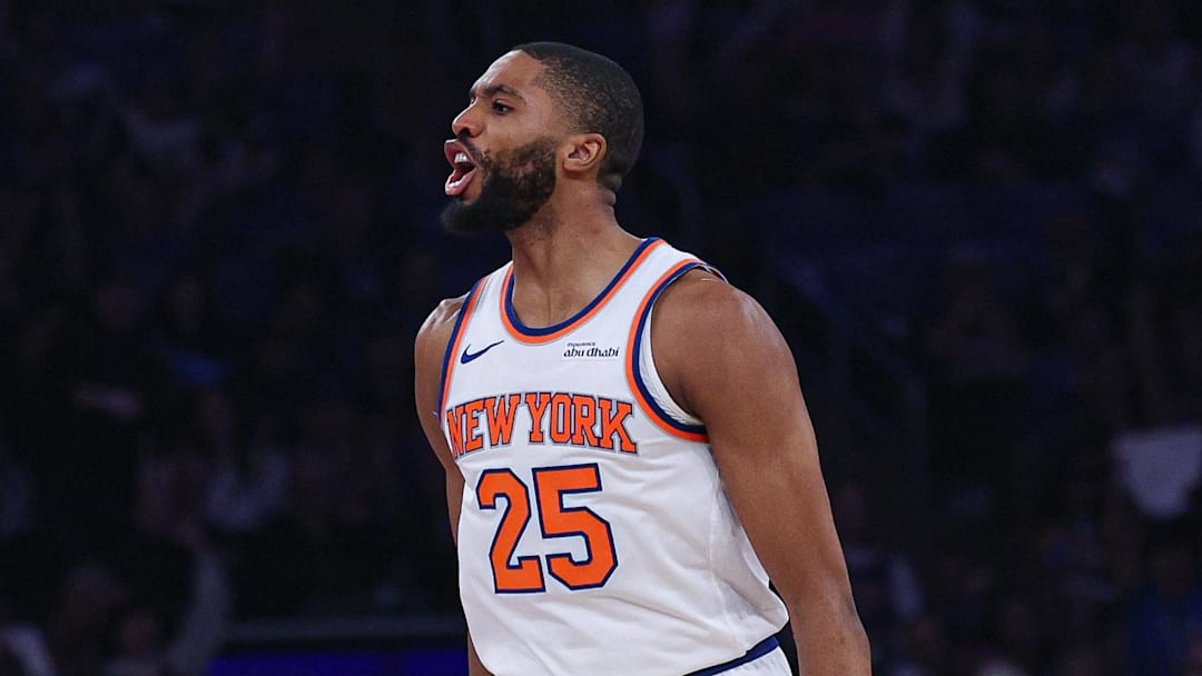 Apr 18, 2026; New York, New York, USA; New York Knicks guard Mikal Bridges (25) reacts after a basket with guard Josh Hart (3) during the first half of the 2026 NBA Playoffs against the Atlanta Hawks at Madison Square Garden. Mandatory Credit: Vincent Carchietta-Imagn Images