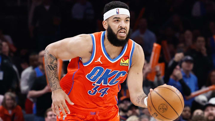 Mar 27, 2024; Oklahoma City, Oklahoma, USA; Oklahoma City Thunder forward Kenrich Williams (34) dribbles the ball down the court against the Houston Rockets during the second quarter at Paycom Center. Mandatory Credit: Alonzo Adams-Imagn Images