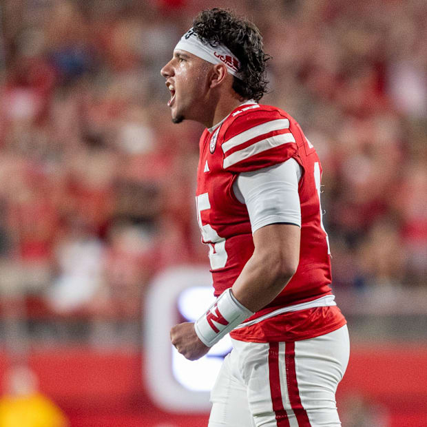 Nebraska quarterback Dylan Raiola celebrates during the Illinois game.