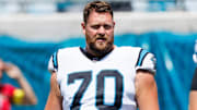 Sep 7, 2025; Jacksonville, Florida, USA; Carolina Panthers offensive lineman Brady Christensen (70) against the Jacksonville Jaguars at EverBank Stadium. 