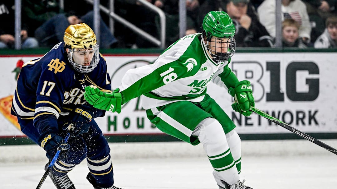 Michigan State's Ryker Lee, right, fends off Notre Dame's Pano Fimis during the third period on Thursday, Feb. 19, 2026, at the Munn Ice Arena in East Lansing.