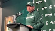 Michigan State head coach Jonathan Smith speaks to the media following a 31-20 loss to the Michigan Wolverines.