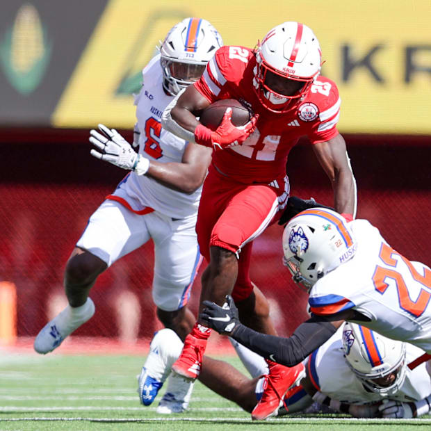 Nebraska running back Emmett Johnson runs the ball against Houston Christian.