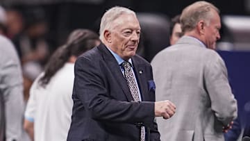 Nov 3, 2024; Atlanta, Georgia, USA; Dallas Cowboys team owner and general manager Jerry Jones shown on the field prior to the game against the Atlanta Falcons at Mercedes-Benz Stadium. Mandatory Credit: Dale Zanine-Imagn Images