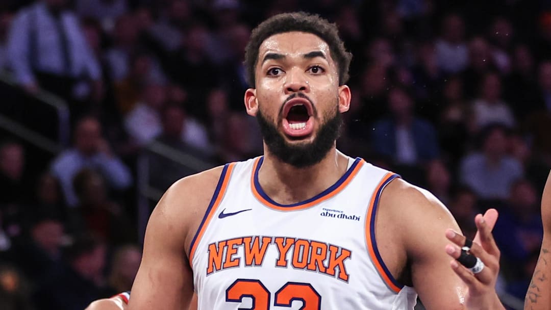 Mar 26, 2025; New York, New York, USA;  New York Knicks center Karl-Anthony Towns (32) argues over a call in the fourth quarter against the LA Clippers at Madison Square Garden. Mandatory Credit: Wendell Cruz-Imagn Images