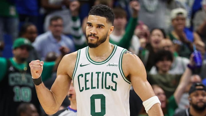 Apr 27, 2025; Orlando, Florida, USA; Boston Celtics forward Jayson Tatum (0) reacts after beating the Orlando Magic in game four of first round for the 2025 NBA Playoffs at Kia Center. Mandatory Credit: Nathan Ray Seebeck-Imagn Images