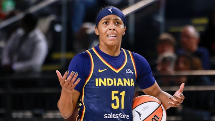 May 28, 2025; Washington, District of Columbia, USA; Indiana Fever guard Sydney Colson (51) reacts to a call from the referee in the first quarter against the Washington Mystics at Entertainment & Sports Arena. Mandatory Credit: Emily Faith Morgan-Imagn Images