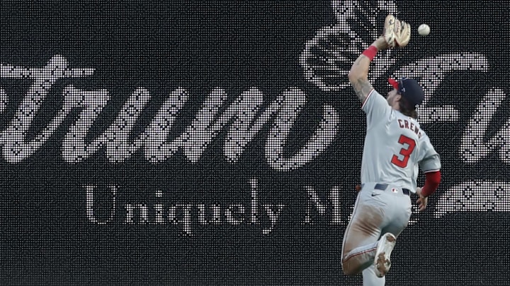 Sep 5, 2024; Pittsburgh, Pennsylvania, USA; Washington Nationals outfielder Dylan Crews (3) attempts to make a catch on a hit by Pittsburgh Pirates third baseman Jared Triolo (not pictured) during the second inning at PNC Park. 