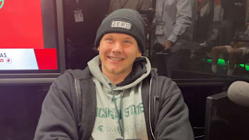 Michigan State Spartans forward Jaxon Kohler smiles while answering a question following a game against the Iowa Hawkeyes on Tuesday, Dec. 2, 2025.