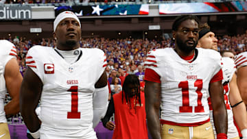San Francisco 49ers wide receivers Deebo Samuel (L) and Brandon Aiyuk (R)