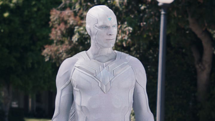 Paul Bettany as The Vision and Elizabeth Olsen as Wanda Maximoff in Marvel Studios’ WandaVision. 