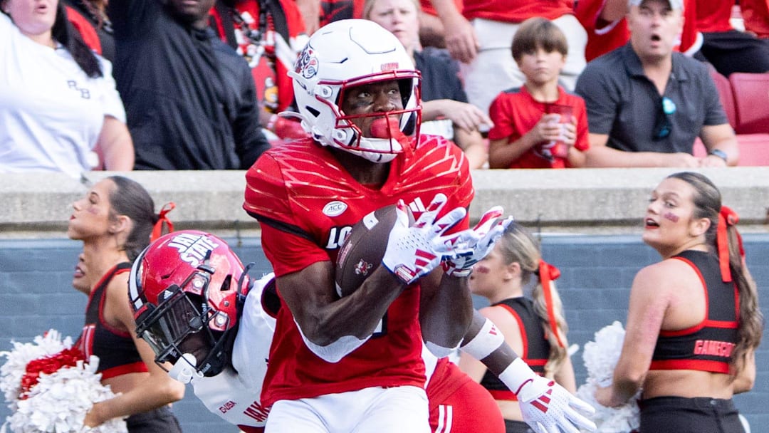 Louisville Cardinals wide receiver Ja'Corey Brooks (1) catches the ball near the end zone during their game against the Jacksonville State Gamecocks on Saturday, Sept. 7, 2024 at L&N Federal Credit Union Stadium in Louisville, Ky.