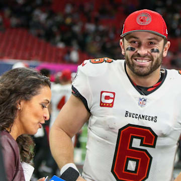 Dec 10, 2023; Atlanta, Georgia, USA; Tampa Bay Buccaneers quarterback Baker Mayfield (6) celebrates after a victory against the Atlanta Falcons at Mercedes-Benz Stadium.  