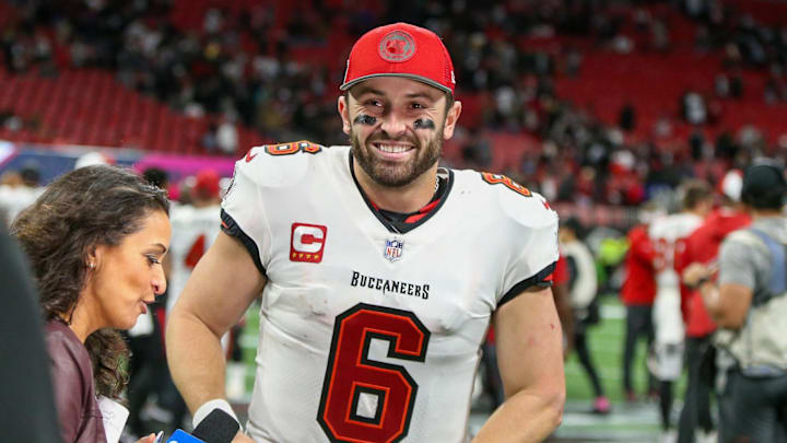 Dec 10, 2023; Atlanta, Georgia, USA; Tampa Bay Buccaneers quarterback Baker Mayfield (6) celebrates after a victory against the Atlanta Falcons at Mercedes-Benz Stadium.  