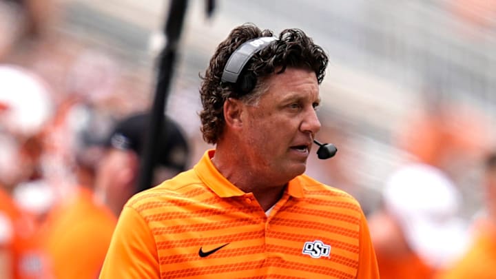 Oklahoma State head football coach Mike Gundy is pictured in the first half of the college football game between the Oklahoma State Cowboys and South Dakota State Jackrabbits at Boone Pickens Stadium in Stillwater, Okla., Saturday, Aug., 31, 2024.