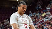 Florida State Seminoles forward Malique Ewin (12) celebrates a basket. The Florida State Seminoles defeated the Southern Methodist Mustangs 76-69 on Saturday, March 8, 2025.