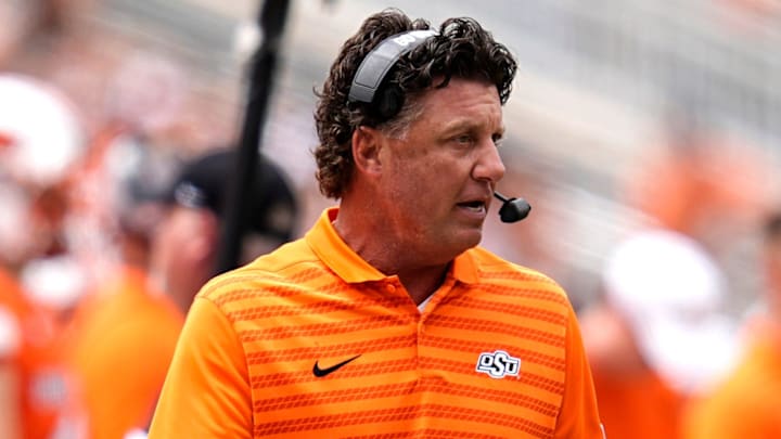 Oklahoma State coach Mike Gundy against the South Dakota State Jackrabbits at Boone Pickens Stadium in Stillwater, Okla.