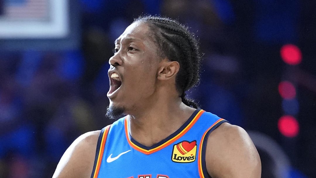Jun 22, 2025; Oklahoma City, Oklahoma, USA; Oklahoma City Thunder forward Jalen Williams (8) reacts after a play against the Indiana Pacers during the second half of game seven of the 2025 NBA Finals at Paycom Center. Mandatory Credit: Kyle Terada-Imagn Images
