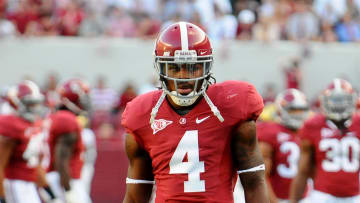 October 08, 2011; Tuscaloosa, AL, USA; Alabama Crimson Tide safety Mark Barron (4) warms up before the game against the Vanderbilt Commodores at Bryant-Denny Stadium. Alabama won 34-0.  Mandatory Credit: Kelly Lambert-USA TODAY Sports