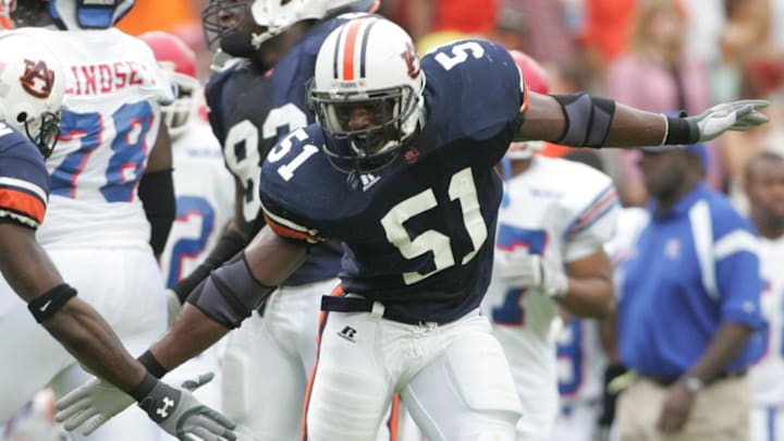 Auburn Tigers linebacker #51 Travis Williams celebrates after making an interception against the Louisiana Tech Bulldogs in 1st half action at Jordan-Hare Stadium.