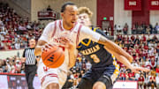 Bryson Tucker drives during the Indiana vs. Marian men's basketball game Friday, Nov. 1, 2024, at Simon Skjodt Assembly Hall.