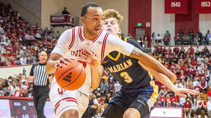 Bryson Tucker drives during the Indiana vs. Marian men's basketball game Friday, Nov. 1, 2024, at Simon Skjodt Assembly Hall. Bryson Tucker drives during the Indiana vs. Marian men's basketball game Friday, Nov. 1, 2024, at Simon Skjodt Assembly Hall.