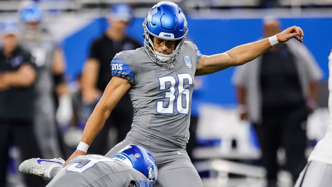 Detroit Lions place kicker Riley Patterson (36) attempts a field goal against Las Vegas Raiders during the second half at Ford Field in Detroit on Monday, Oct. 30, 2023.