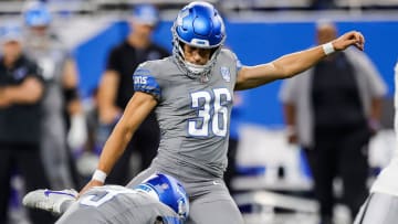 Detroit Lions place kicker Riley Patterson (36) attempts a field goal against Las Vegas Raiders during the second half at Ford Field in Detroit on Monday, Oct. 30, 2023.