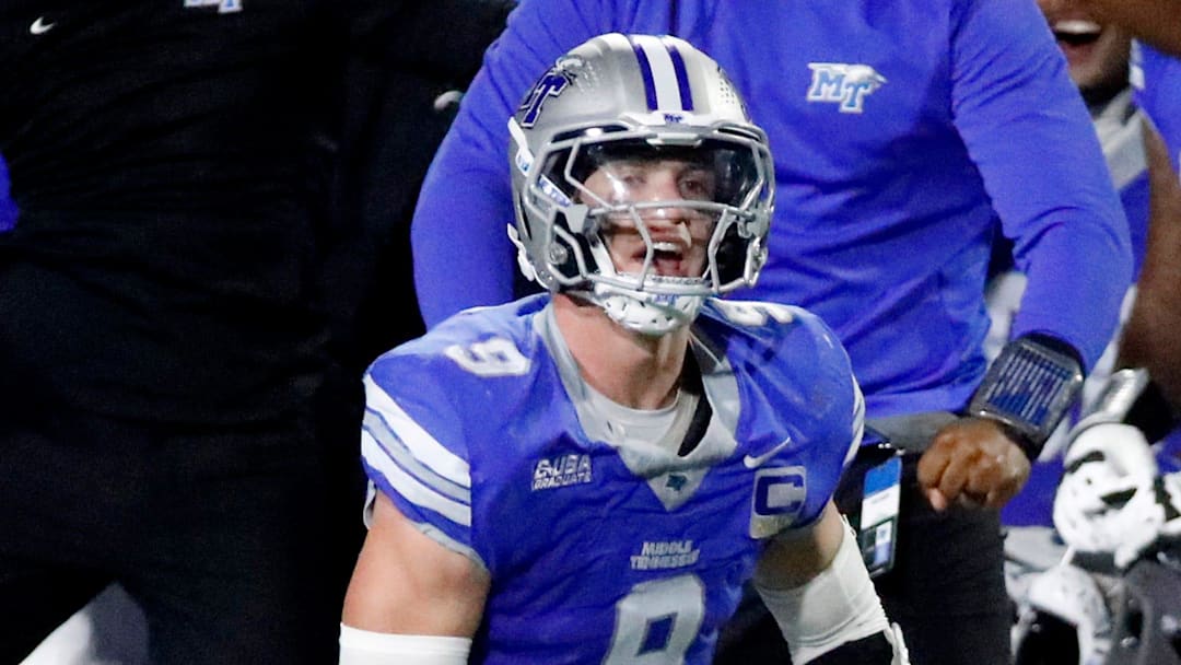 Middle Tennessee linebacker Parker Hughes (9) celebrates his interception in the final moments of the NCAA college football game against Sam Houston on Saturday, Nov. 22, 2025, at Middle Tennessee.