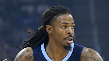 Memphis Grizzlies guard Ja Morant dribbles the ball in the first quarter against the Cleveland Cavaliers