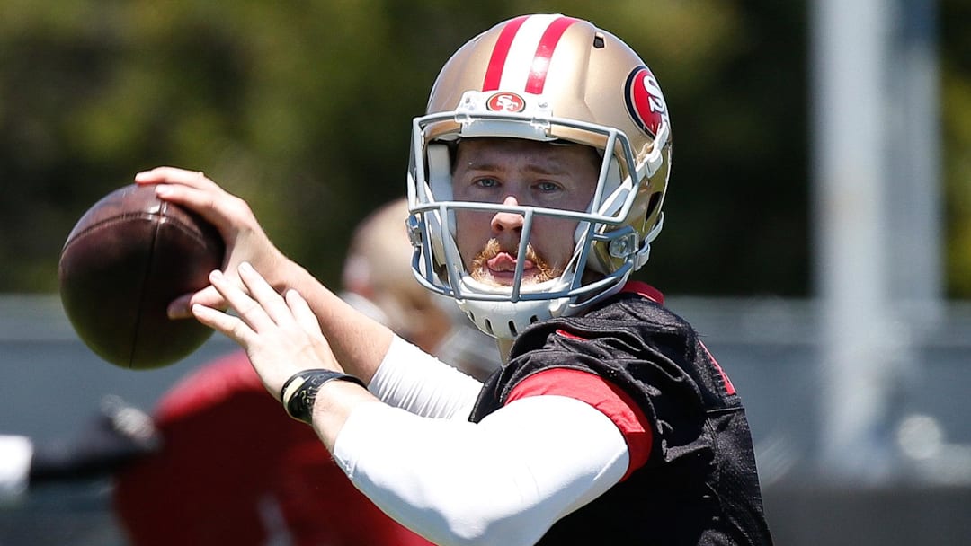 Jun 13, 2017; Santa Clara, CA, USA; San Francisco 49ers quarterback CJ Beathard (3) throws the ball during the San Francisco 49ers minicamp at Levi's Stadium. Mandatory Credit: Stan Szeto-Imagn Images