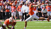 Oct 4, 2025; Blacksburg, Va.; Virginia Tech kicker John Love (25) attempts a field goal.