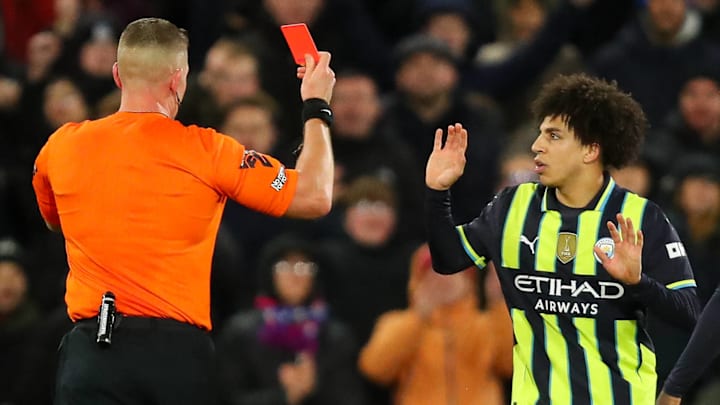 Rico Lewis (right) got sent-off after getting booked twice in less than 15 minutes in Manchester City's 2–2 draw vs. Crystal Palace Rico Lewis (right) got sent-off after getting booked twice in less than 15 minutes in Manchester City's 2–2 draw vs. Crystal Palace