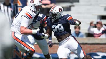 Auburn Tigers edge Derick Hall (29) rushes the line during the A-Day spring practice at Jordan-Hare Stadium in Auburn, Ala., on Saturday, April 9, 2022.