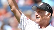 Aug 7, 2022; Philadelphia, Pennsylvania, USA; Former Philadelphia Phillies pitcher Larry Andersen acknowledges the crowd during Alumni Day ceremony before game against the Washington Nationals at Citizens Bank Park. 