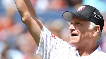 Aug 7, 2022; Philadelphia, Pennsylvania, USA; Former Philadelphia Phillies pitcher Larry Andersen acknowledges the crowd during Alumni Day ceremony before game against the Washington Nationals at Citizens Bank Park. 