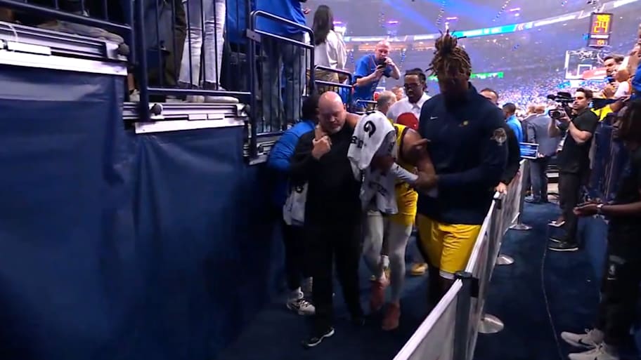 Indiana Pacers star Tyrese Haliburton is helped to the locker room after suffering a right leg injury during Game 7 of the 2025 NBA Finals. | Via ESPN on ABC